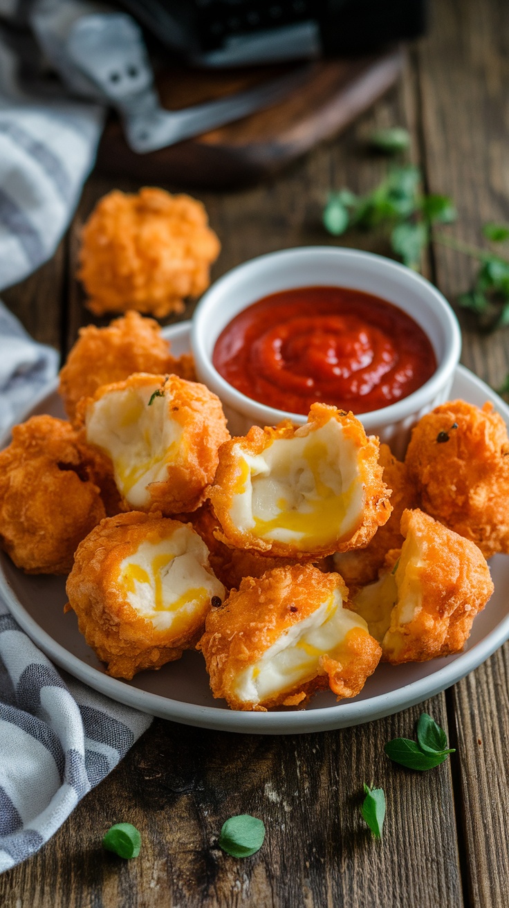 Crispy air fryer cheese curds served with marinara sauce for dipping, on a rustic wooden table.